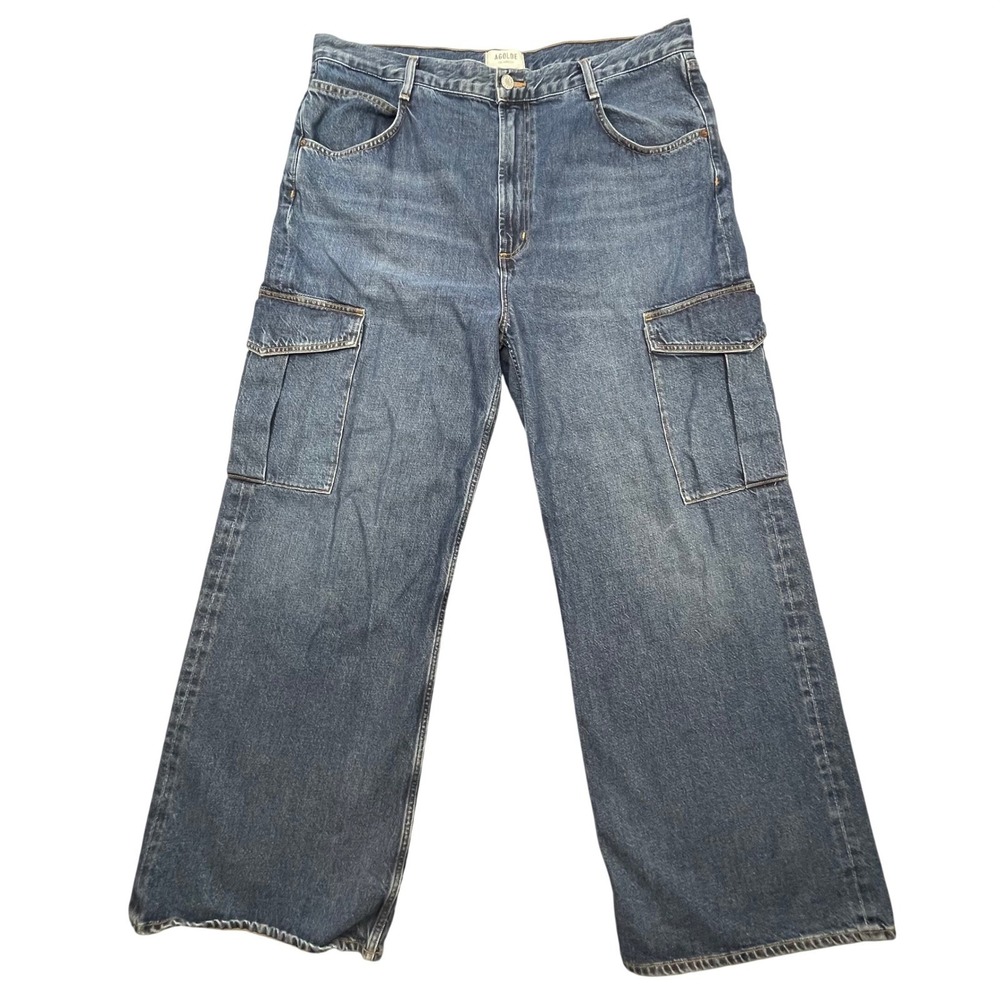NWT Agolde Minka Cargo Wide Leg Organic Cotton Blue Path Jeans Womens Size 34